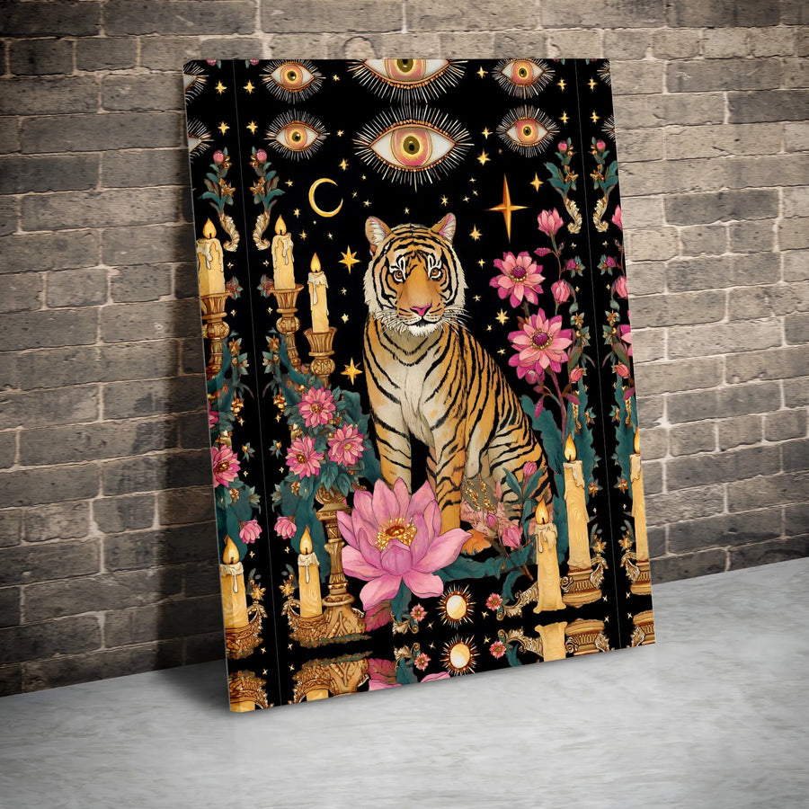 Mystical Tiger Canvas Art | Celestial Eye & Floral Illustration | Premium Fade-Resistant Print | Bohemian Room Decor Gift
