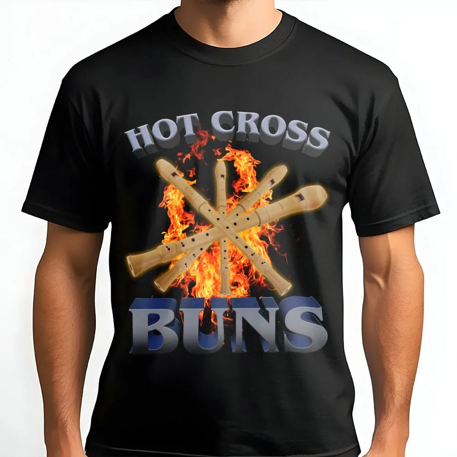 Hot Cross Buns Graphic T-Shirt | Flamed Recorder Musician Design | 100% Cotton Premium Tee | Funny Music Teacher Gift for Band Students