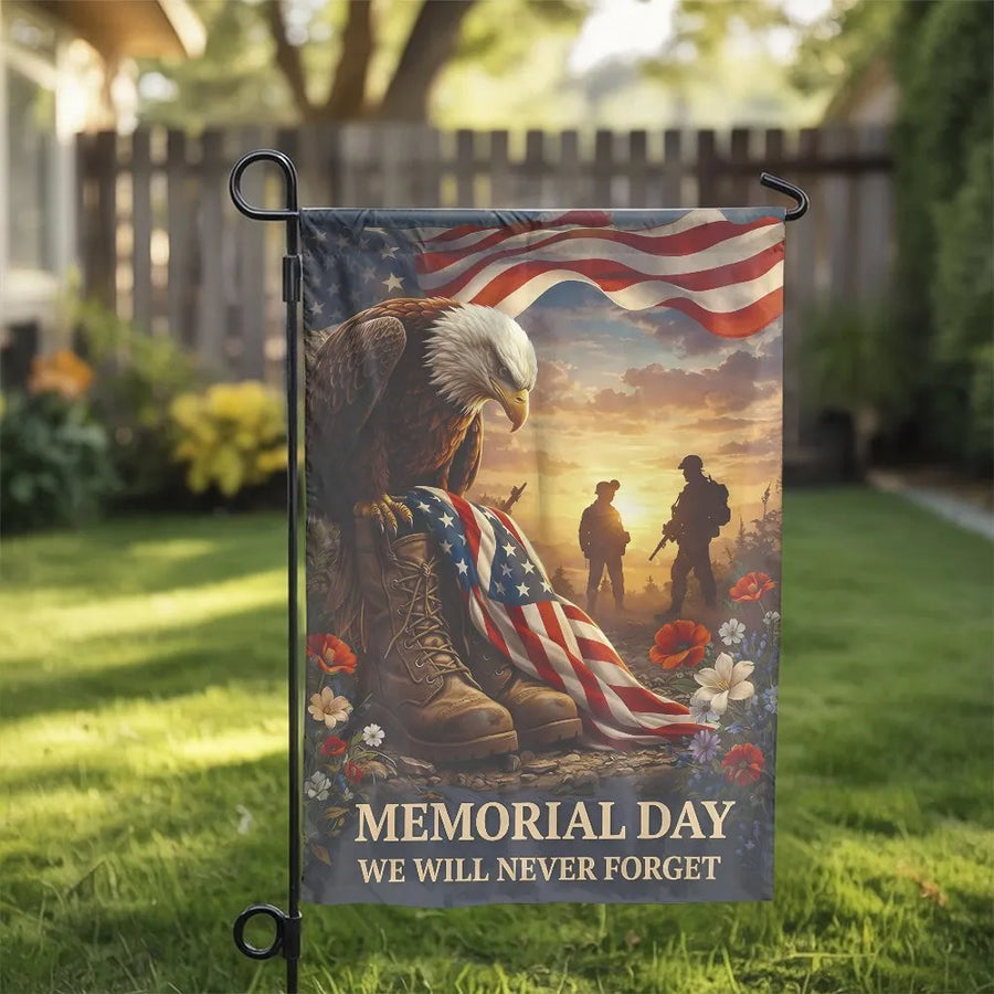 Memorial Day Garden Flag | Patriotic Eagle & Soldier Boots Design | Double Sided Weather Resistant Fabric | Remembrance Gift for Veteran Family Yard Decor