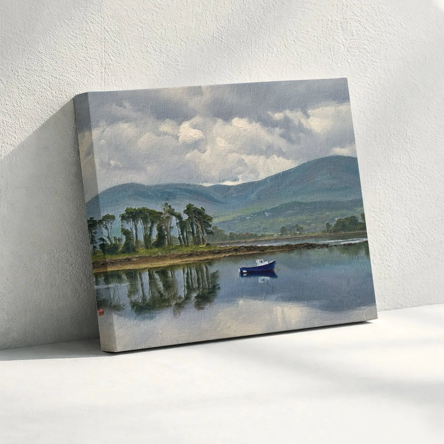 Lake Landscape Canvas Print | Blue Boat Mountain Reflection Art | Gallery Wrapped 1.25" Profile | Serene Nature Wall Decor For Home Office