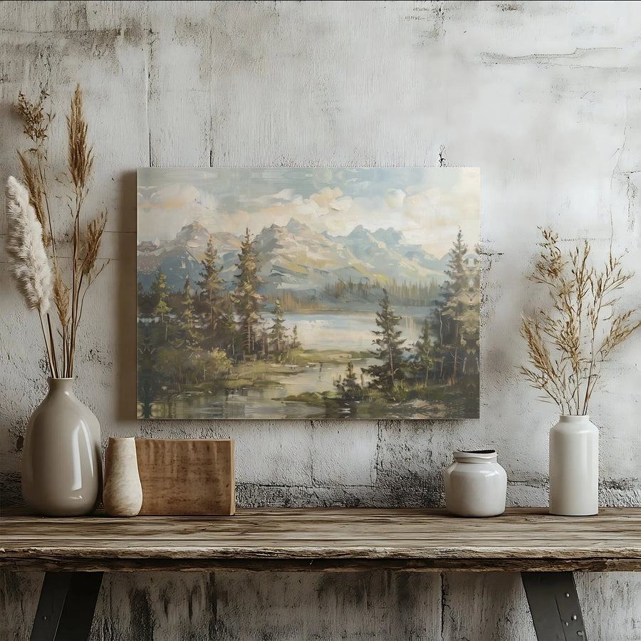 Mountain Landscape Canvas Print | Vintage Oil Painting Style Forest Lake | Premium Gallery Wrapped Canvas | Cabin & Lodge Living Room Decor Gift