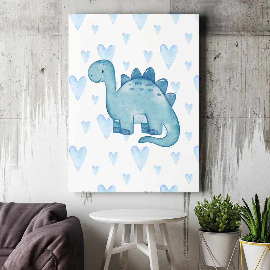 Cute Dinosaur Nursery Canvas Wall Art | Blue Watercolor Hearts Print | Premium 1.25-Inch Gallery Wrap | Baby Boy Room Decor Gift