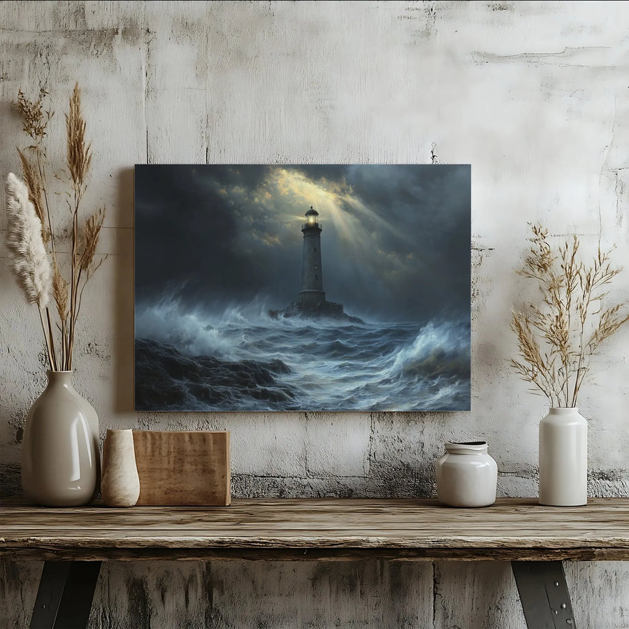 Lighthouse Canvas Wall Art | Moody Stormy Ocean Seascape | Premium Gallery Wrap Decor | Nautical Home Office Gift for Sea Lovers
