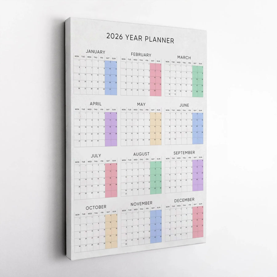 2026 Year Planner Canvas Wall Art | Colorful Minimalist Yearly Calendar | Premium Gallery Wrapped Decor | Modern Office & Home Planning Gift