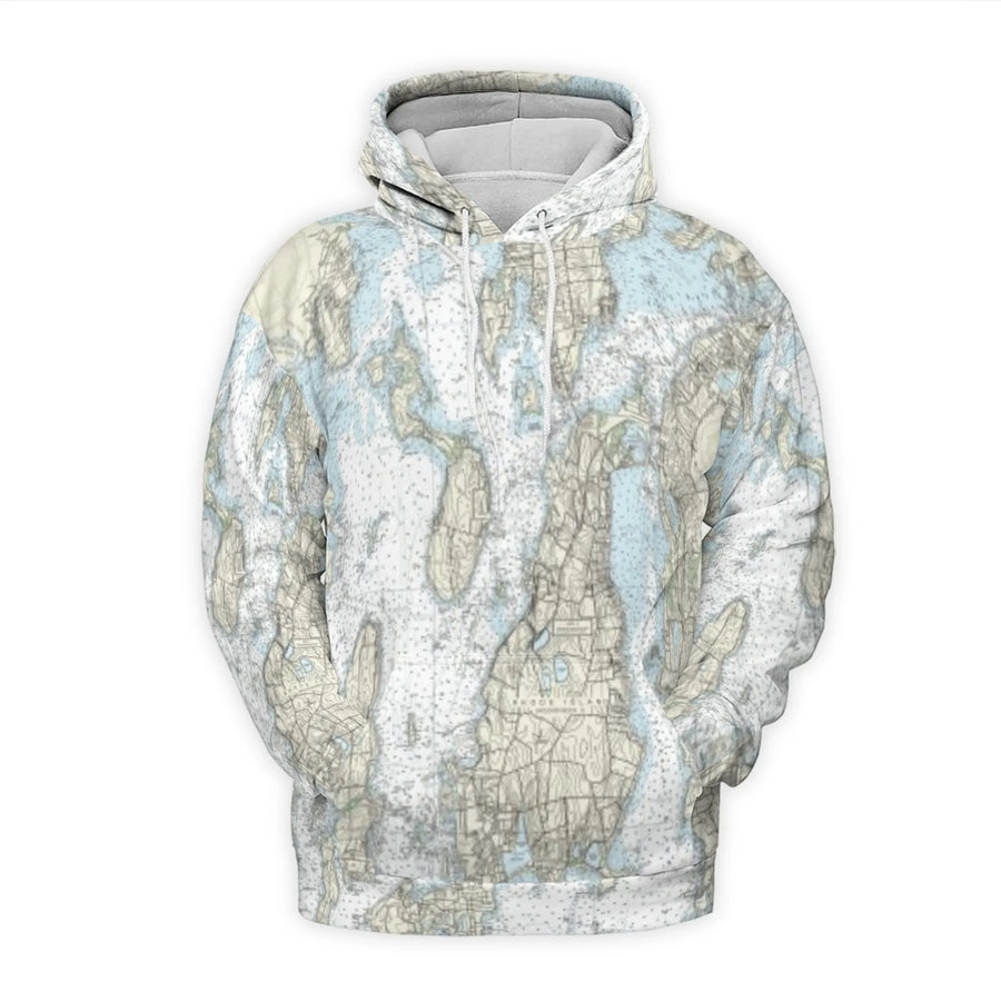 Rhode Island Nautical Map Hoodie | All-Over Print Maritime Chart Design | Premium Brushed Fleece Lining | Unisex Coastal Sailing Gift for Sailors