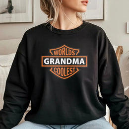 Worlds Coolest Grandma Sweatshirt | Biker Shield Graphic Design | Premium Cotton Blend | Funny Gift for Grandmother, Nana, Gigi