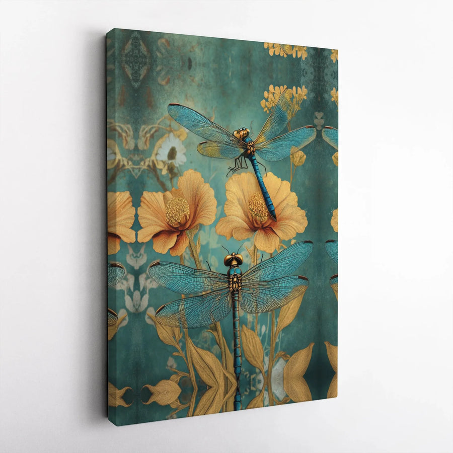 Dragonfly Canvas Wall Art | Vintage Teal And Gold Botanical Print | Premium Fade-Resistant Gallery Wrap | Elegant Home Decor For Nature Lovers