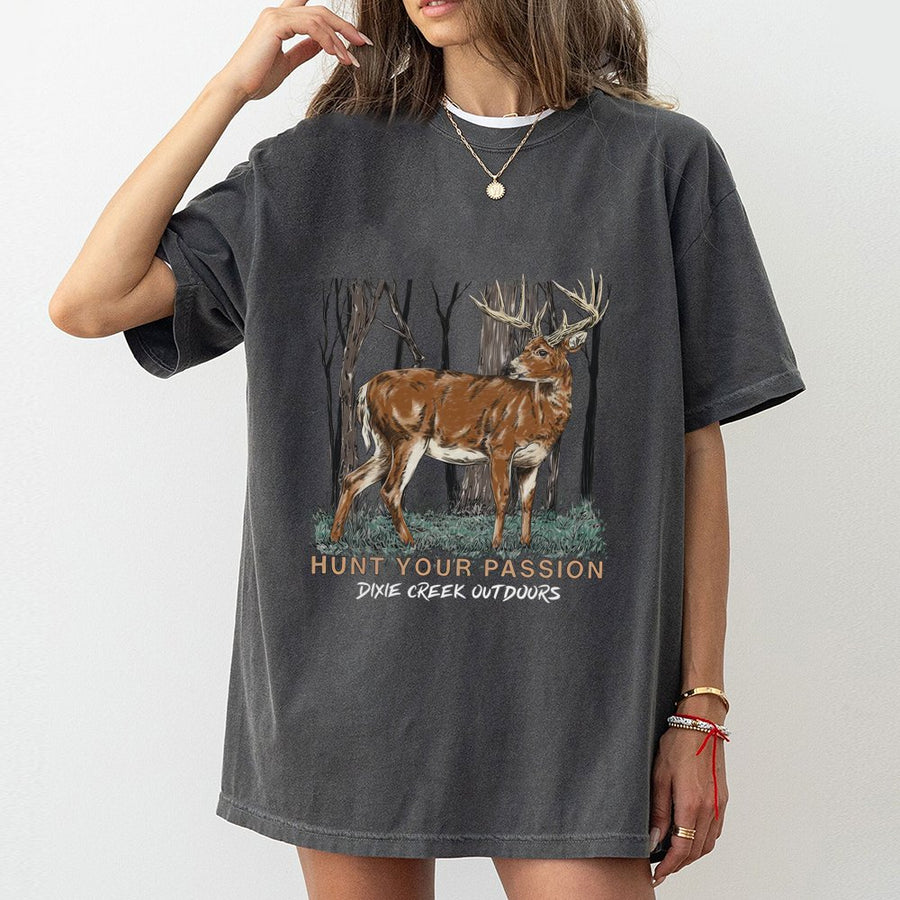 Buck Deer Hunting T-Shirt | Hunt Your Passion Forest Graphic | Premium 100% Cotton Tee | Gift for Hunter Outdoor Enthusiasts
