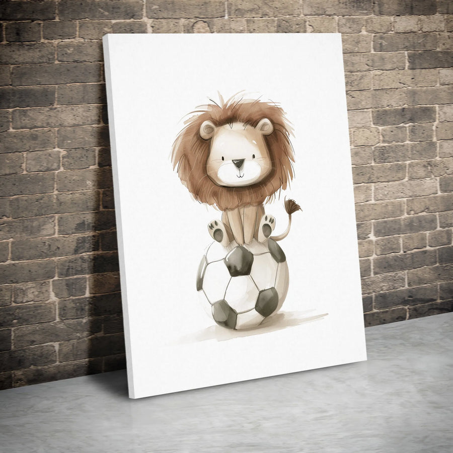 Baby Lion Soccer Ball Wall Art | Watercolor Nursery Safari Animal Print | Premium Gallery Wrapped Canvas | Gift for Boys Room Sports Decor