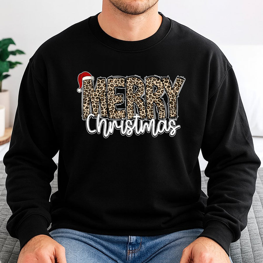 Merry Christmas Leopard Print Sweatshirt | Santa Hat Holiday Graphic | Premium Cotton Blend | Unisex Winter Holiday Gift for Her