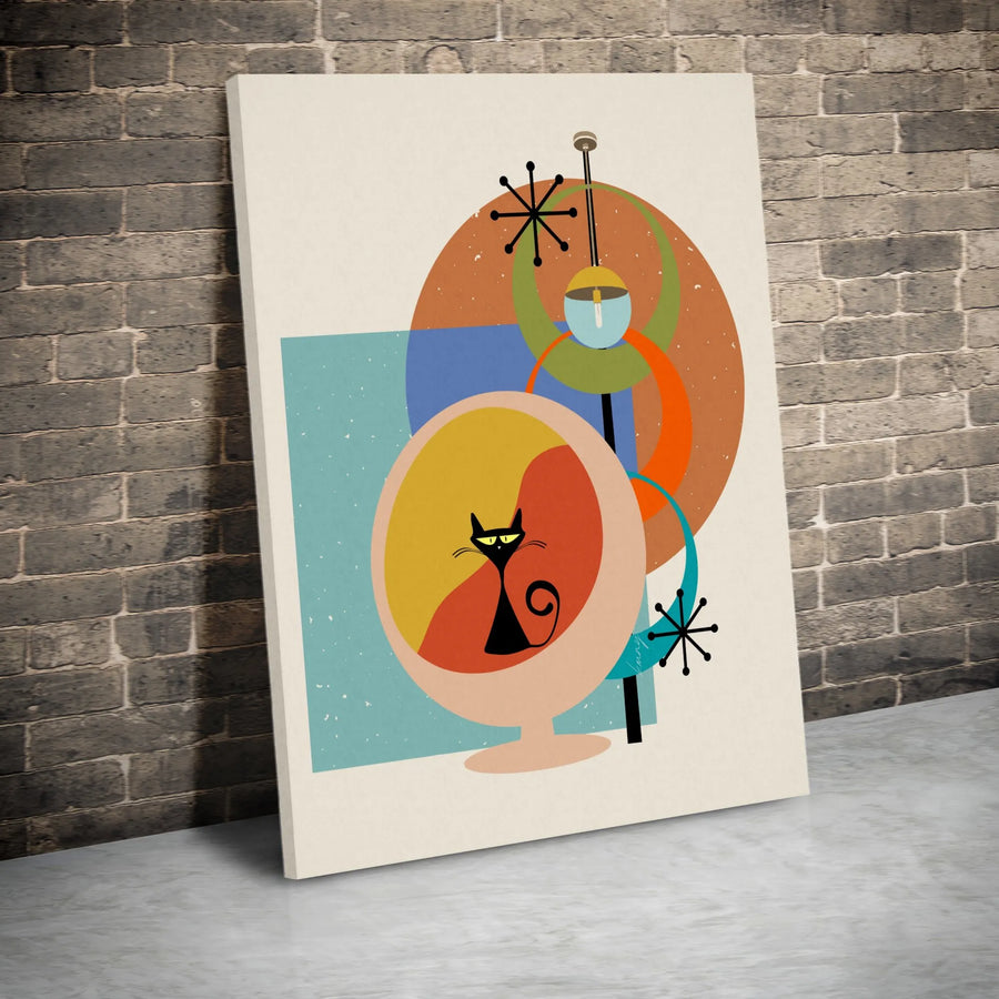 Mid-Century Modern Cat Canvas Wall Art | Atomic Era Black Cat Illustration | Premium Canvas Print | Unique Gift for Retro Decor Enthusiast