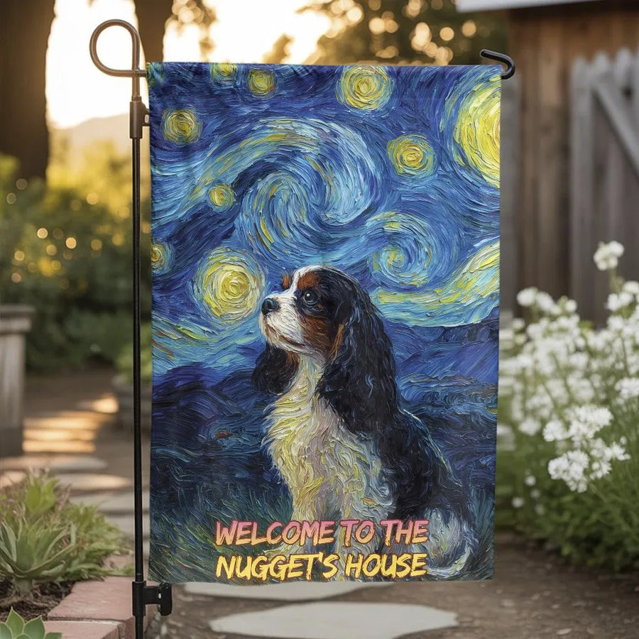 Cavalier King Charles Spaniel Garden Flag | Starry Night Art Style Double-Sided Print | Weather-Resistant Premium Polyester | Housewarming Gift for Dog Lovers