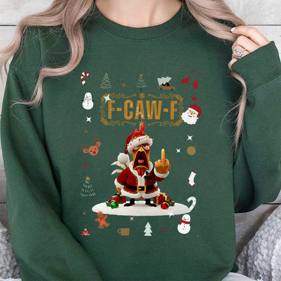 F-Caw-F Christmas Sweatshirt | Funny Santa Chicken Middle Finger Graphic | Premium Cotton Blend Crewneck | Unisex Holiday Gift for Him and Her