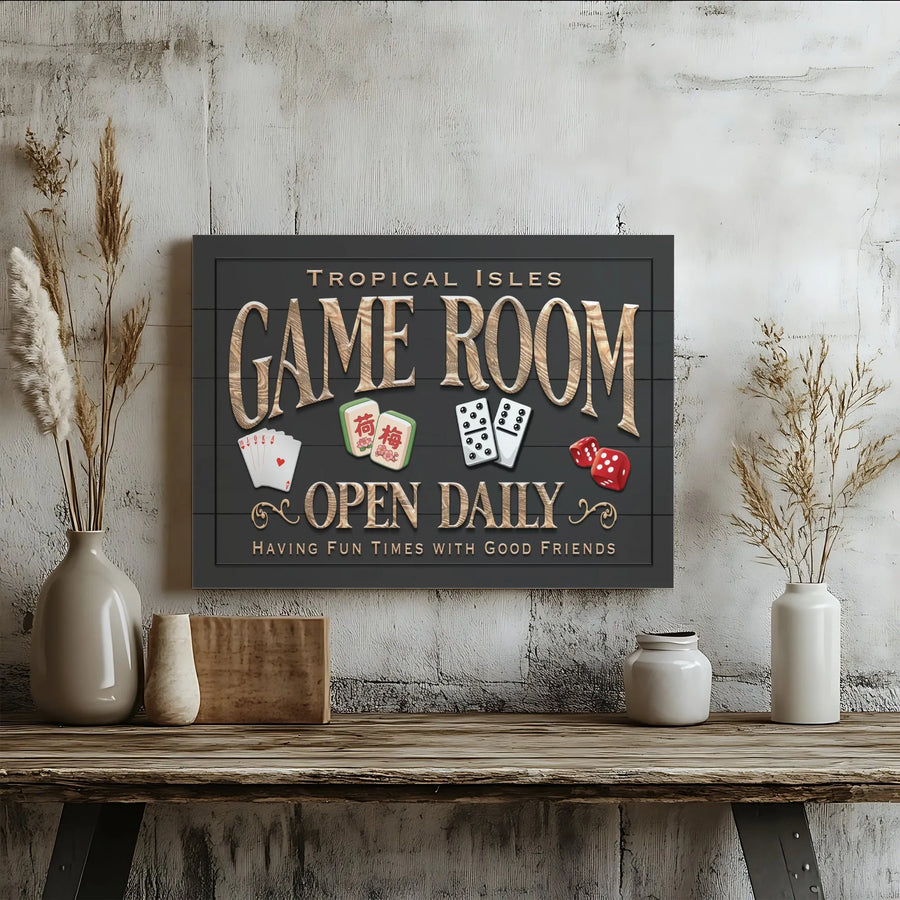 Game Room Sign Canvas Art | Retro Poker, Mahjong & Dice Design | Premium Canvas Print | Man Cave Decor Gift for Gamers