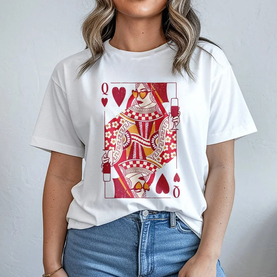 Queen Of Hearts Playing Card T-Shirt | Retro Graphic Wine Lover Design | Premium Soft Cotton Tee | Unique Gift For Her, Valentines Day, Mom