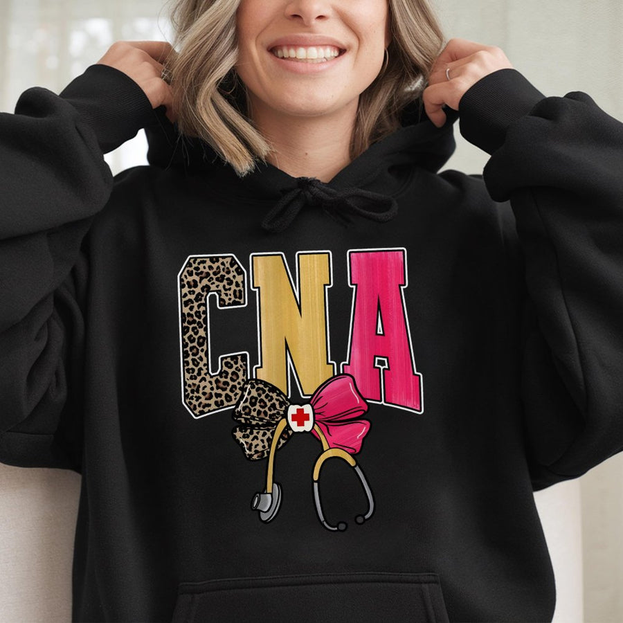 CNA Hoodie | Leopard Print Nursing Assistant Graphic with Stethoscope & Bow | Premium Cotton Blend | Graduation Gift for Nurse Assistants