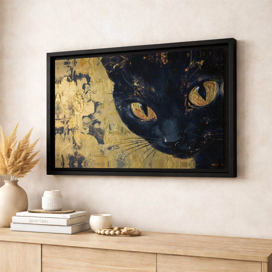 Black Cat Wall Art | Abstract Gold Leaf Canvas Print | Premium Gallery Wrapped Decor | Modern Cat Lover Gift for Home Office