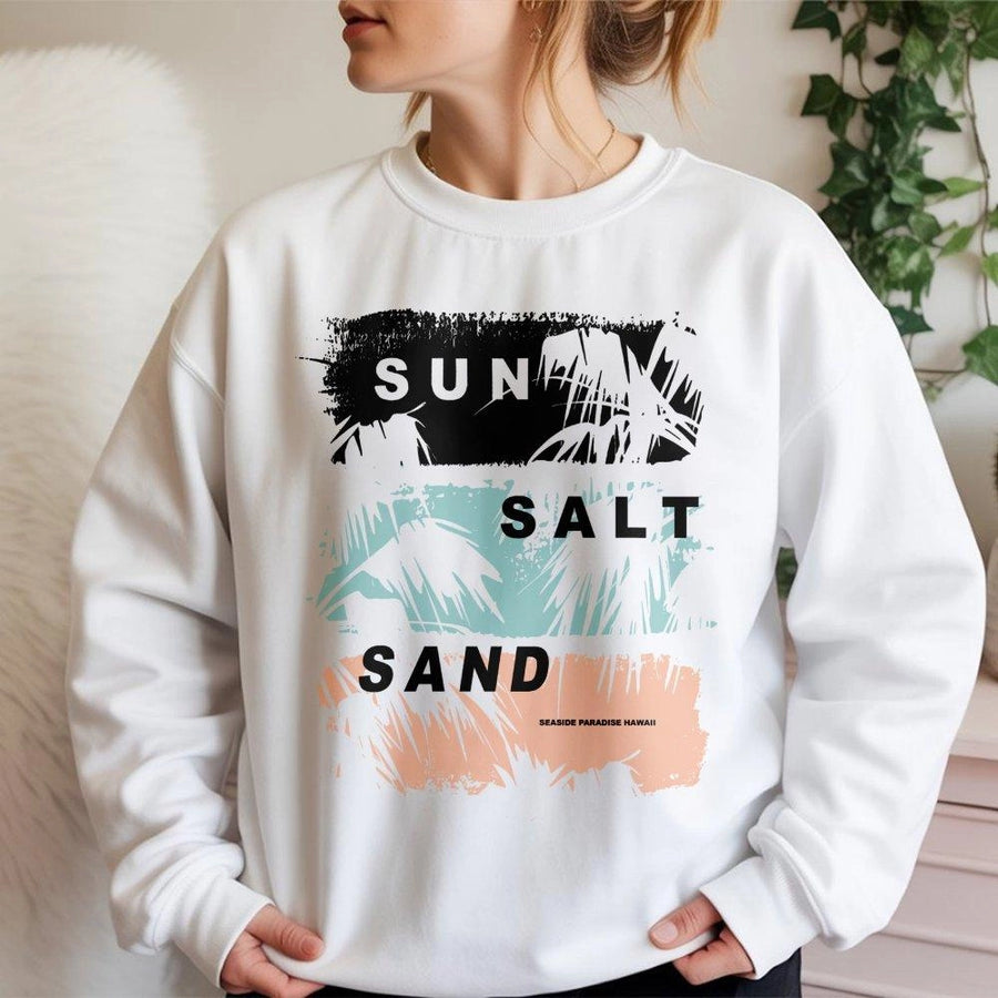 Sun Salt Sand Sweatshirt | Tropical Palm Tree Graphic Aesthetic | Premium Cotton Blend Crewneck | Beach Lover Vacation Gift for Her