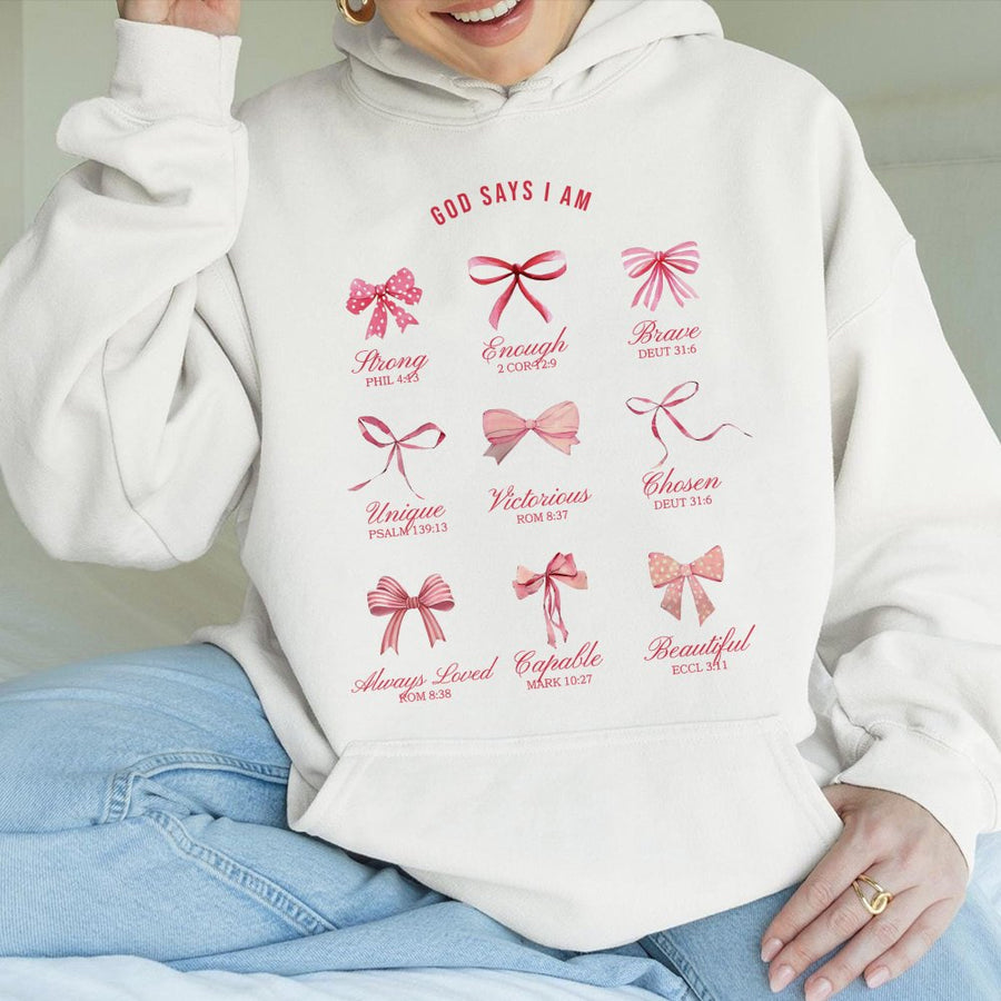 God Says I Am Hoodie | Christian Coquette Bow Aesthetic | Premium Cotton-Poly Blend | Inspirational Bible Verse Gift For Women