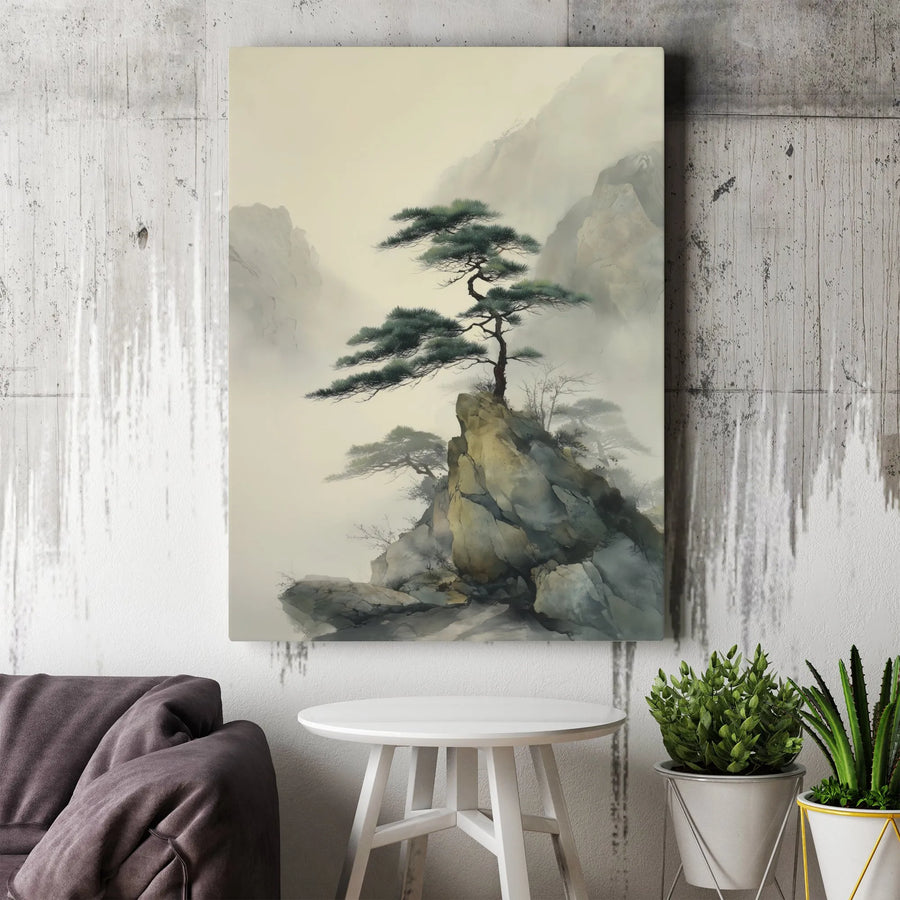 Japanese Pine Tree Canvas Wall Art | Misty Mountain Ink Wash Landscape | Premium Gallery Wrap Decor | Zen Meditation Office Wall Decor