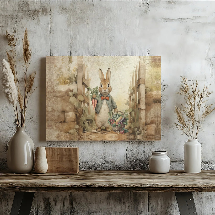 Vintage Bunny Canvas Wall Art | Whimsical Rabbit with Garden Basket Print | Premium Gallery Wrap Decor | Nursery & Cottagecore Home Gift