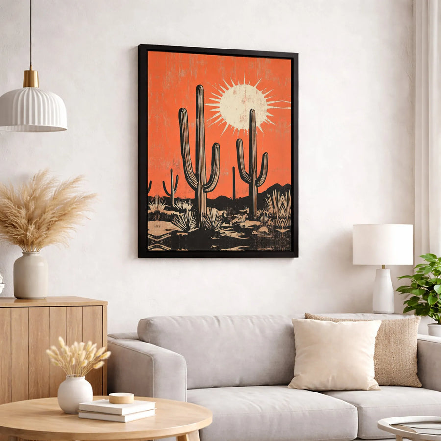 Desert Landscape Canvas Wall Art | Mid-Century Modern Saguaro Cactus Print | Premium Gallery Wrap Decor | Southwest Aesthetic Gift for Home