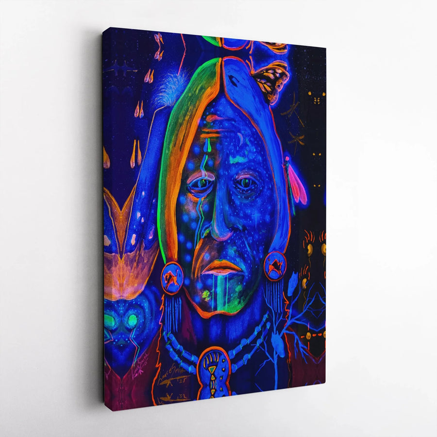Native American Art Canvas Print | Psychedelic Indigenous Portrait with Neon Colors | Premium Fade-Resistant Canvas | Spiritual Home Decor Gift