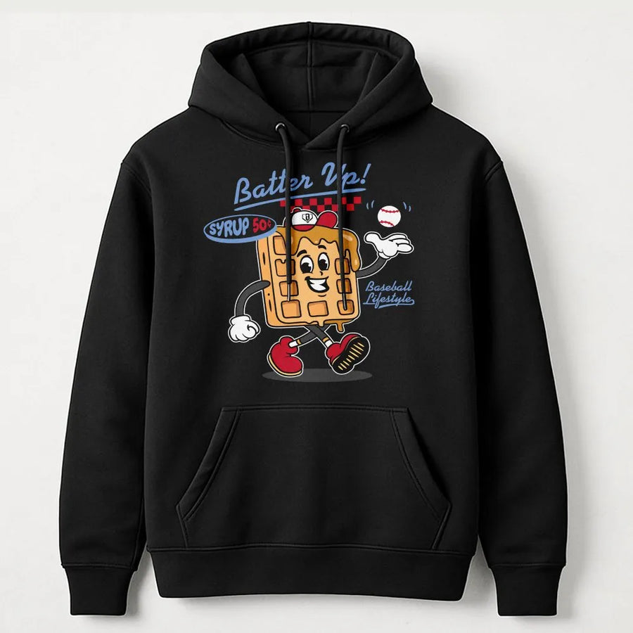 Funny Baseball Hoodie | Retro Waffle Cartoon Character | Soft Cotton Poly Crewneck | Gift for Sports Fan & Baseball Lover
