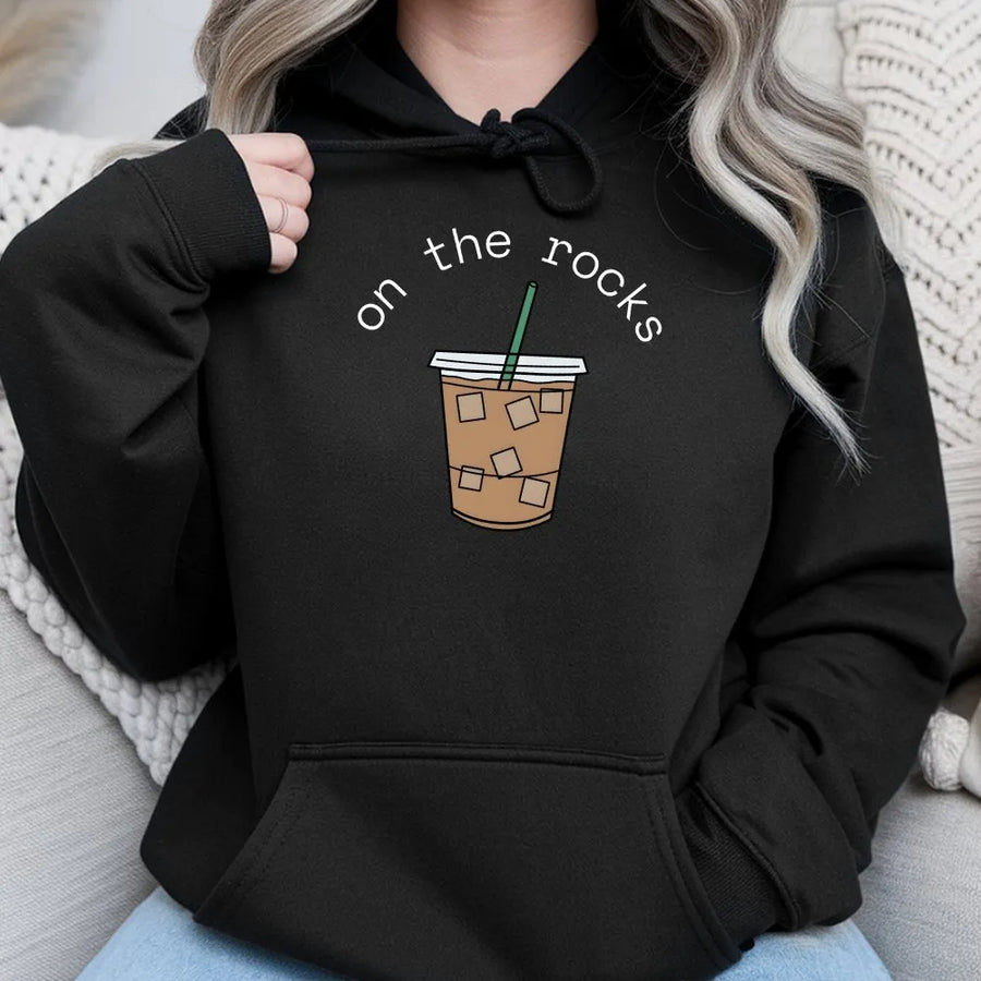 Iced Coffee Hoodie | Funny On The Rocks Graphic Pullover | Soft Cotton Blend | Gift for Coffee Lover Barista
