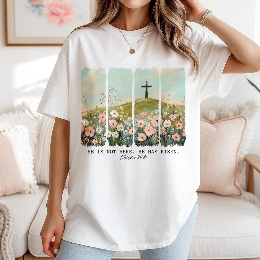 He Is Risen T-Shirt | Christian Easter Wildflower Cross Design | 100% Cotton Premium Tee | Faith-Based Religious Gift for Women
