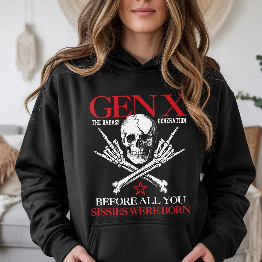 Gen X Badass Generation Hoodie | Sarcastic Skull Graphic Quote | Premium Cotton-Blend | Funny 1980s Birthday Gift for Gen Xer