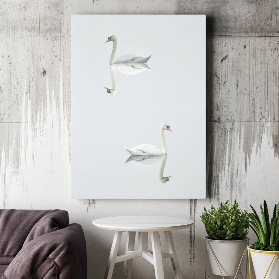 Swan Reflection Vertical Canvas | Minimalist Mirrored Wildlife Print | Premium Gallery Wrapped Canvas | Modern Home Decor Gift