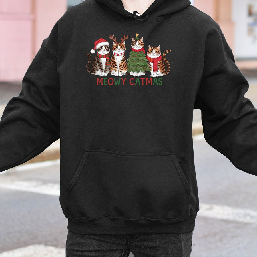 Meowy Catmas Hoodie | Funny Christmas Cat Graphic | Premium Cotton Blend | Holiday Gift For Cat Lovers Women Men
