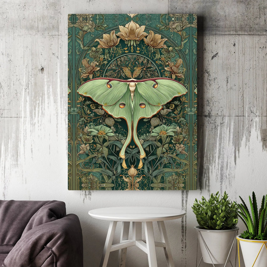 Art Nouveau Luna Moth Canvas Wall Art | Botanical Floral Illustration | Premium 1.25-inch Gallery Wrap | Nature Lover Home Decor Gift