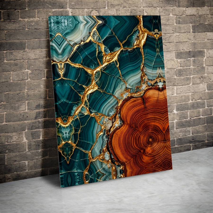 Teal Agate & Wood Grain Canvas Print | Abstract Kintsugi Style Art with Gold Veins | Premium Gallery Wall Decor | Modern Living Room or Office Gift