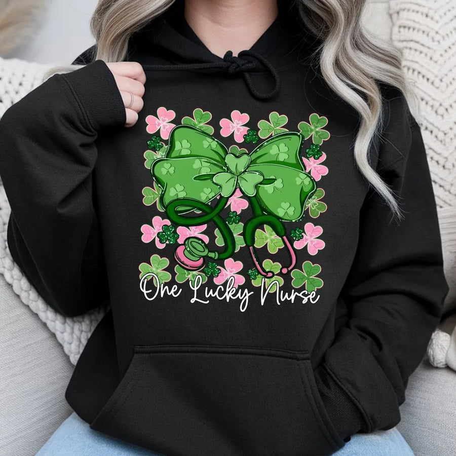 One Lucky Nurse Hoodie | St Patrick's Day Stethoscope Shamrock Bow Graphic | Premium Cotton Blend | Nursing Student RN Gift