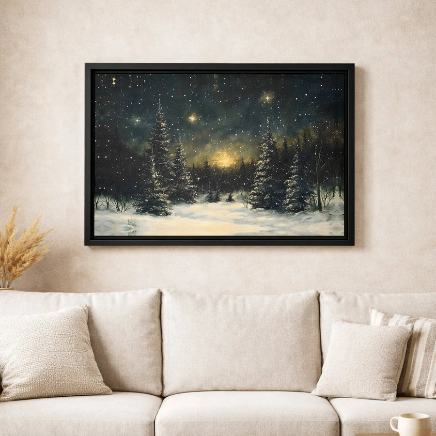 Winter Forest Canvas Wall Art | Snowy Night Pine Trees Landscape | Premium Fade-Resistant Gallery Wrap | Seasonal Christmas Home Decor Gift