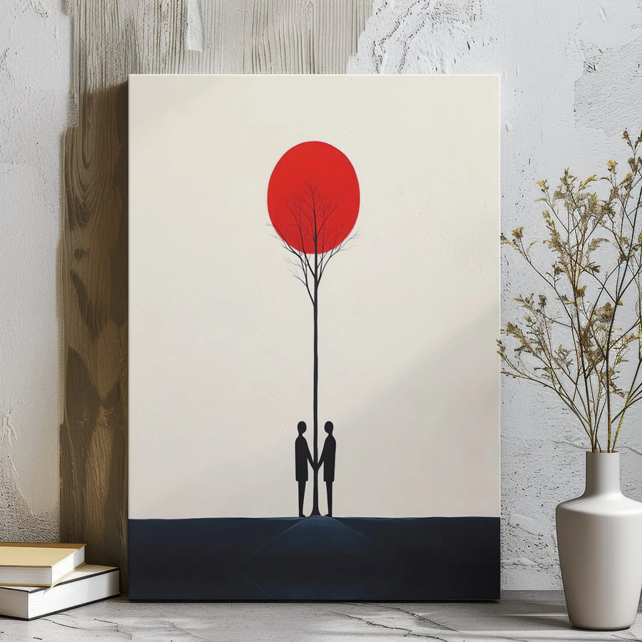 Minimalist Couple Wall Art | Romantic Holding Hands Red Sun Canvas | Premium Gallery Wrap Decor | Gift for Anniversary or Wedding