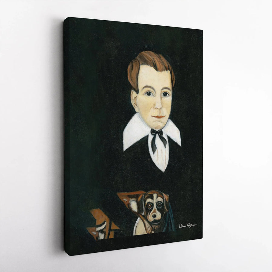 Folk Art Portrait Canvas Print | Vintage Style Man and Dog Oil Painting Wall Decor | 1.25 Inch Gallery Wrap | Unique Gift for Dog Lovers