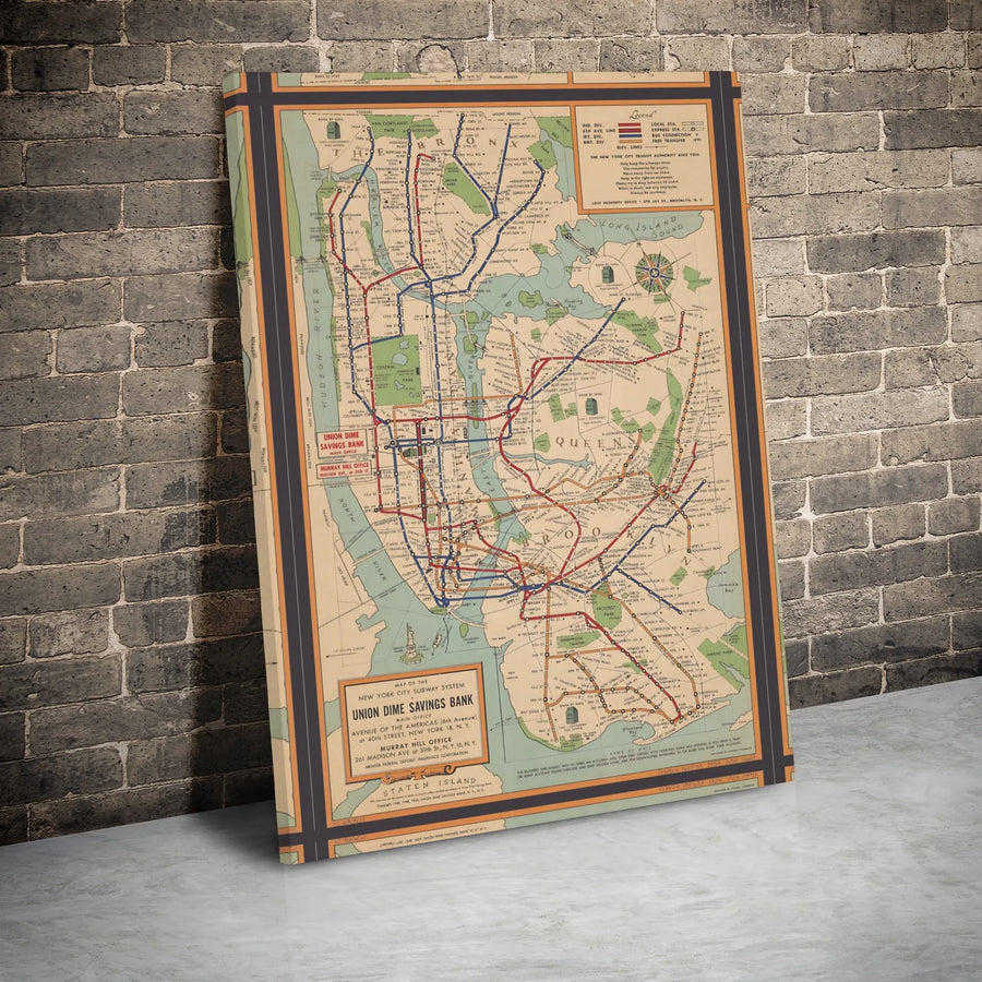 Vintage NYC Subway Map Wall Art | 1954 New York Transit Print | Premium Gallery Wrap Canvas | Retro Home & Office Decor Gift
