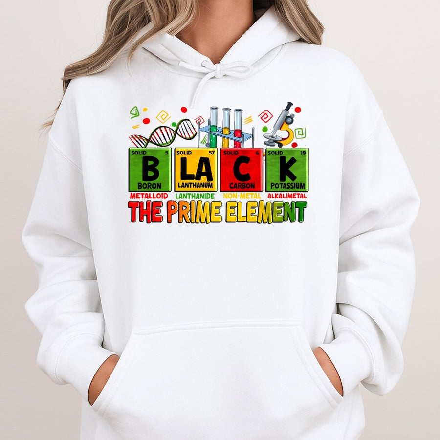 Black The Prime Element Hoodie | Periodic Table Chemistry Design | Cotton-Poly Blend Premium Apparel | Gift for Science Lovers and Black Pride