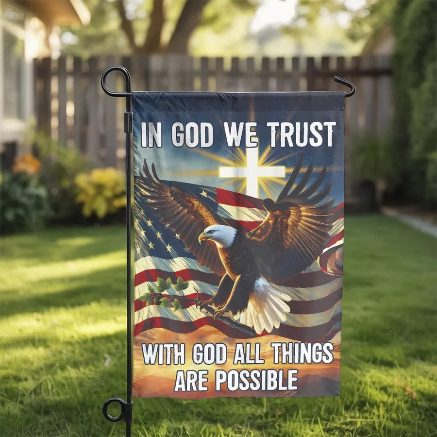 Christian Patriotic Garden Flag | In God We Trust Eagle & Cross Design | Double Sided Weather Resistant Polyester | Religious Home Decor Gift