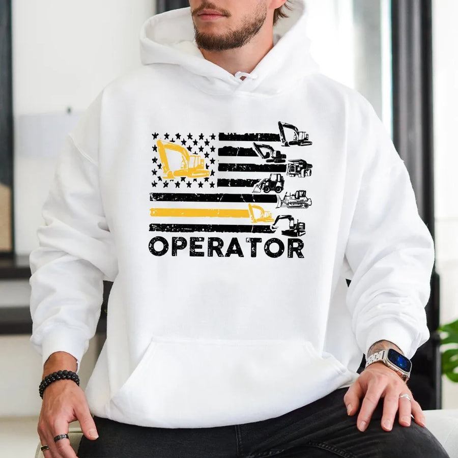 Heavy Equipment Operator Hoodie | Patriotic American Flag Excavator Design | Premium Cotton Blend | Gift for Construction Workers and Operators