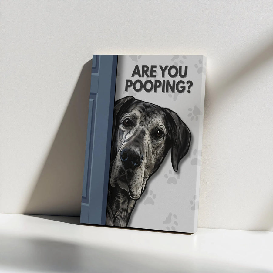 Funny Great Dane Bathroom Canvas Wall Art | 'Are You Pooping?' Humorous Quote Decor | Premium Thick Gallery Wrap Print | Unique Gift for Dog Lovers