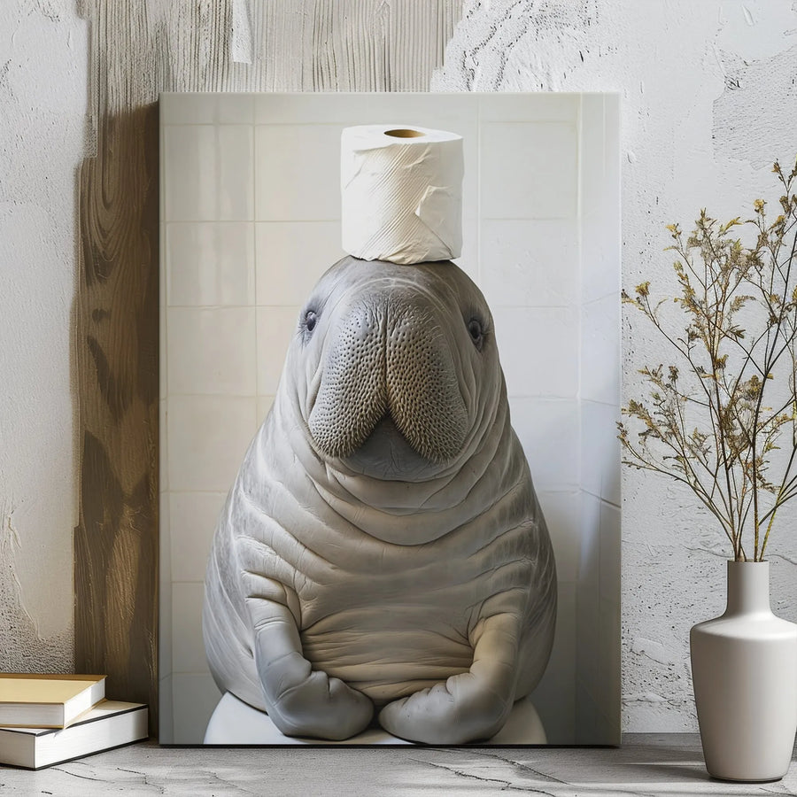 Funny Manatee Bathroom Wall Art | Quirky Seal With Toilet Paper Head | Gallery Wrap Premium Canvas | Unique Restroom Decor Gift for Him