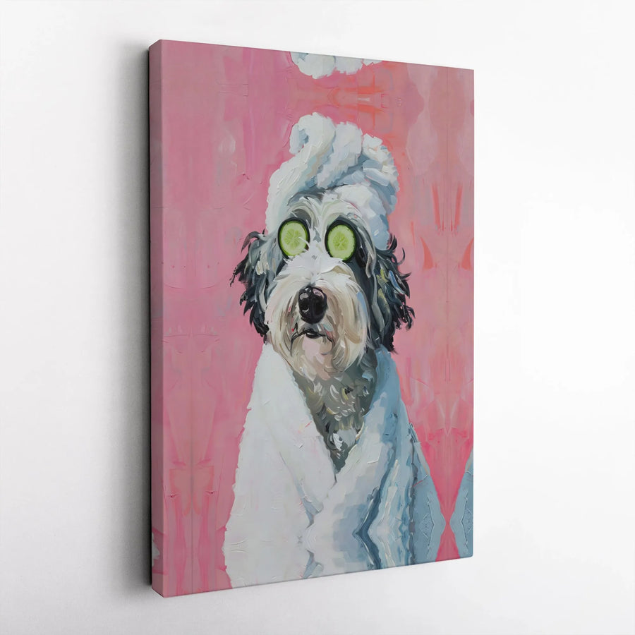 Funny Dog Spa Day Canvas | Dog in Robe with Cucumber Eyes Art | Premium Gallery Wrapped Canvas | Humorous Bathroom Decor Gift for Dog Mom