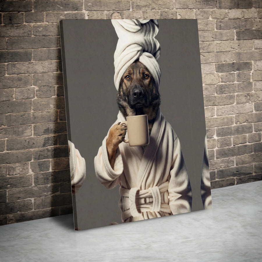 German Shepherd Canvas Wall Art | Funny Dog in Bathrobe Drinking Coffee | Premium Gallery Wrapped Canvas | Unique Gift for German Shepherd Owner