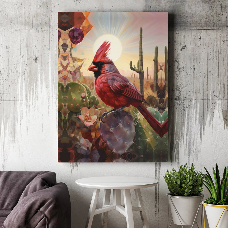 Red Cardinal Canvas Wall Art | Desert Cactus Geometric Landscape | Premium 1.25" Gallery Wrap | Southwestern Home Decor Gift