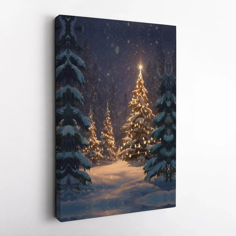 Christmas Tree Canvas Wall Art | Snowy Winter Forest Landscape | Premium Gallery Wrapped Print | Holiday Home Decor Gift for Living Room