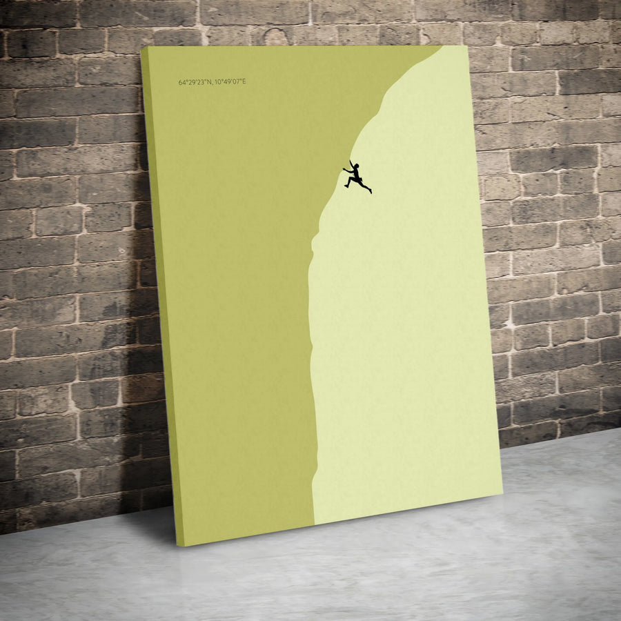Rock Climbing Canvas Wall Art | Minimalist Climber Silhouette with Norway Coordinates | Premium Gallery Wrapped Canvas | Gift for Boulderer
